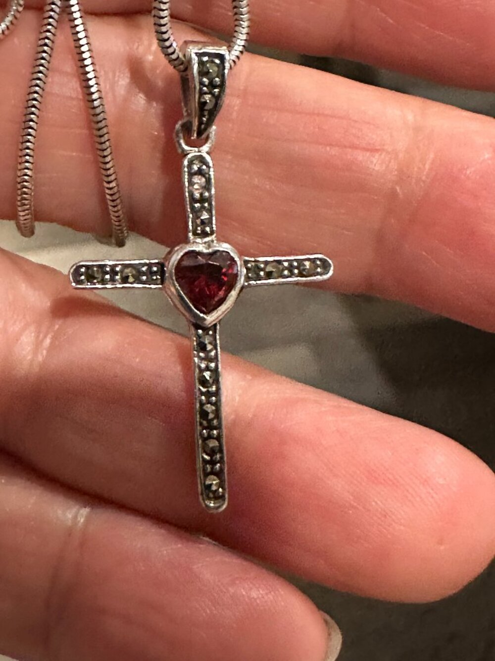 Vintage Sterling Silver Cross w/ Red Garnet Heart-Shape Stone on Omega Chain 10"